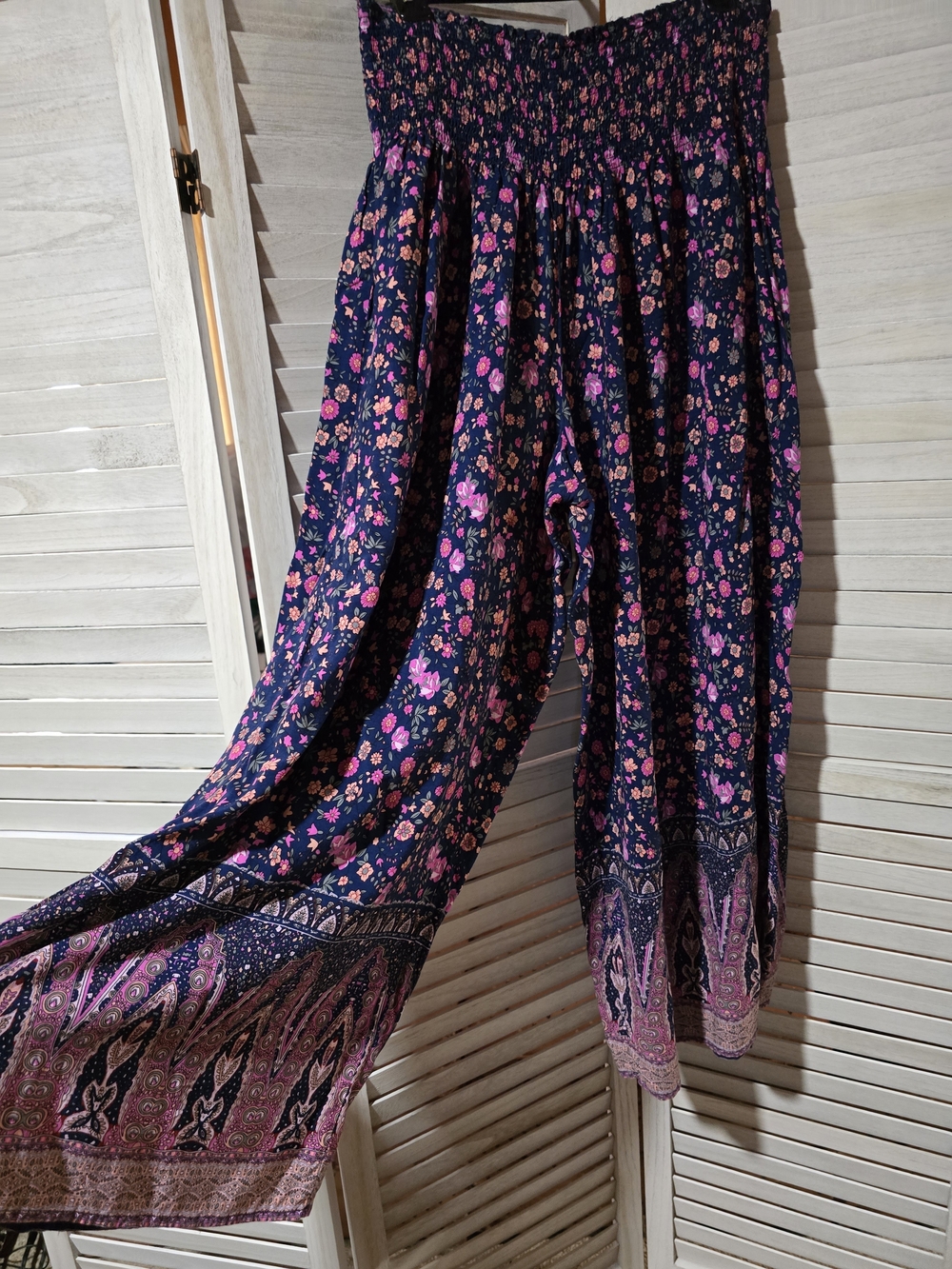 NATURAL LIFE Navy Wide-Leg Boho Pants with Pink Floral